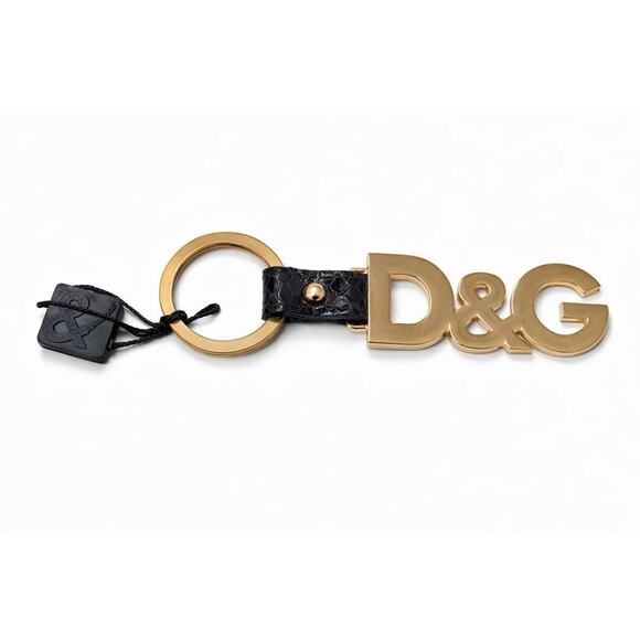 Dolce&Gabbana Other - Dolce & Gabbana D&G Gold Tone Logo Keychain Key Ring Black Leather Italy NWT Lux